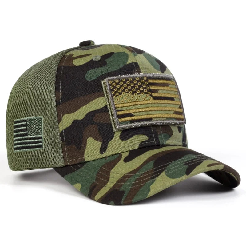 USA Flag Embroidered Camo Baseball Cap – Rugged Patriotism