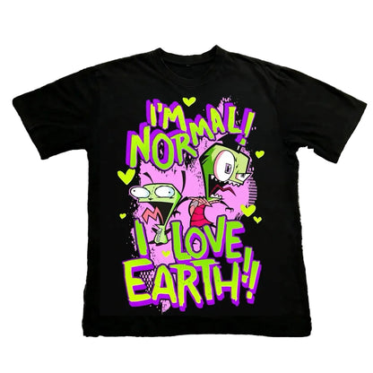 Vintage Invader Zim Cartoon Print Short Sleeve T-Shirt Retro Unisex Graphic Tee 90s Nostalgia Summer Streetwear Y2K Tee Top