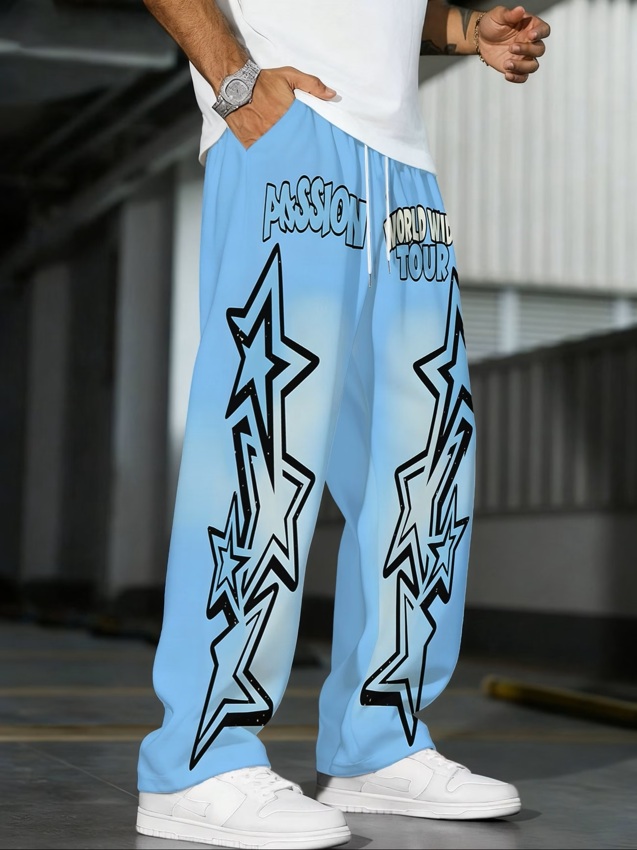 Interstellar Cruise Light Casual Pants – Starlight Blue Print, Straight Leg, Hip-Hop Style