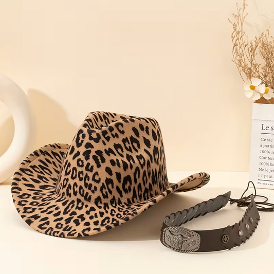 Western Panama Hat | Leopard Print & Detachable Bull Head Ornament | Outdoor Adventures & Everyday Wear