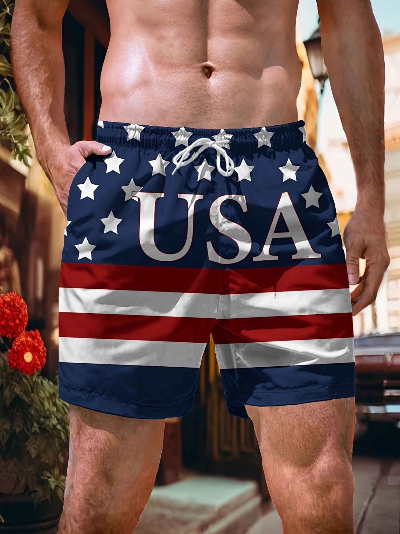 Men's Casual USA Flag Beach Shorts – American Patriotic Drawstring Swim Trunks