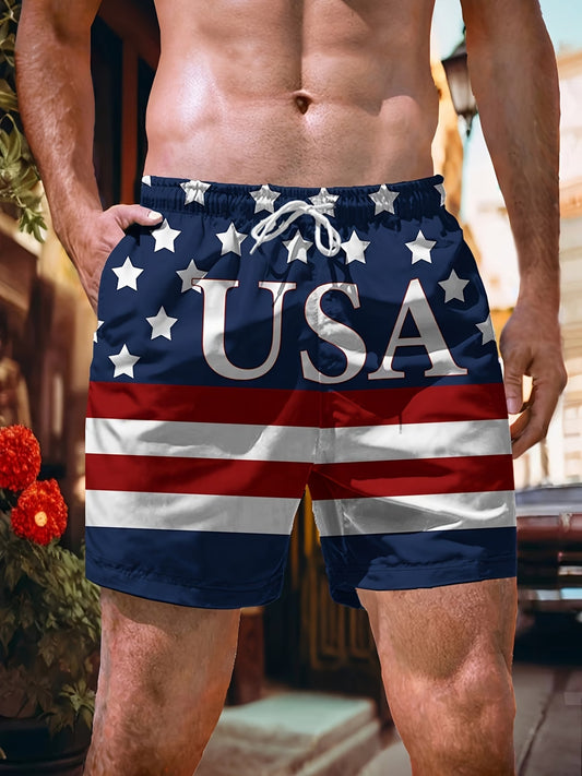 Men's Casual USA Flag Beach Shorts – American Patriotic Drawstring Swim Trunks