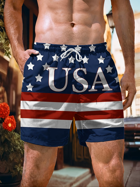 Men's Casual USA Flag Beach Shorts – American Patriotic Drawstring Swim Trunks