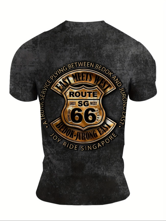Men's Retro Route 66 Letter Print T-Shirt – Short Sleeve Crew Neck Summer Streetwear