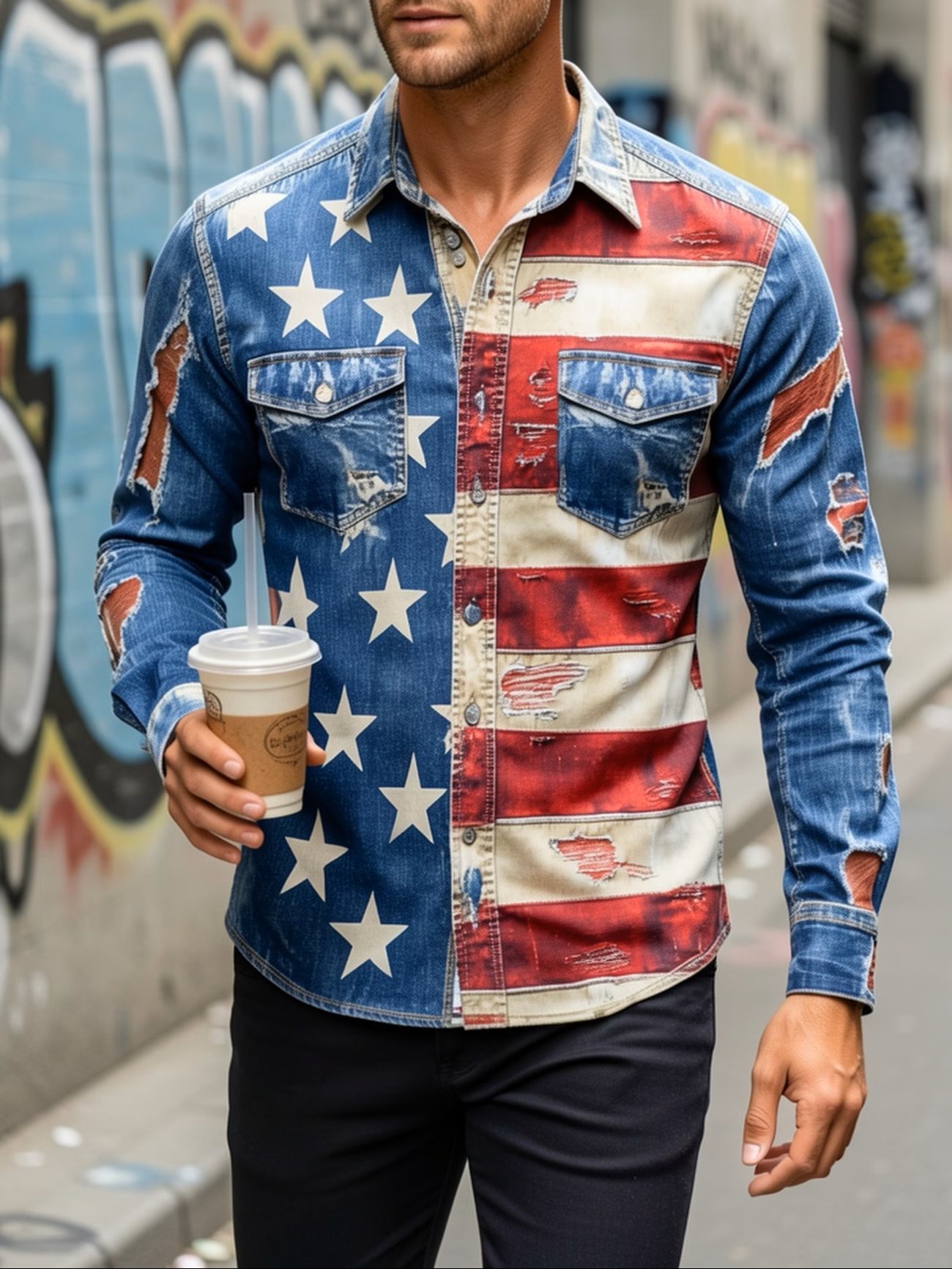 Men's Flag Shirt | Button-Up, Loose Long Sleeve, Comfortable & Casual, Perfect for Vacation, Street Style, Spring/Autumn