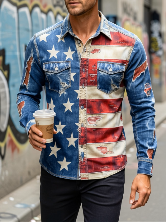 Men's Flag Shirt | Button-Up, Loose Long Sleeve, Comfortable & Casual, Perfect for Vacation, Street Style, Spring/Autumn