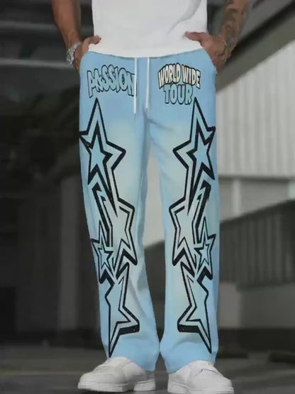 Interstellar Cruise Light Casual Pants – Starlight Blue Print, Straight Leg, Hip-Hop Style
