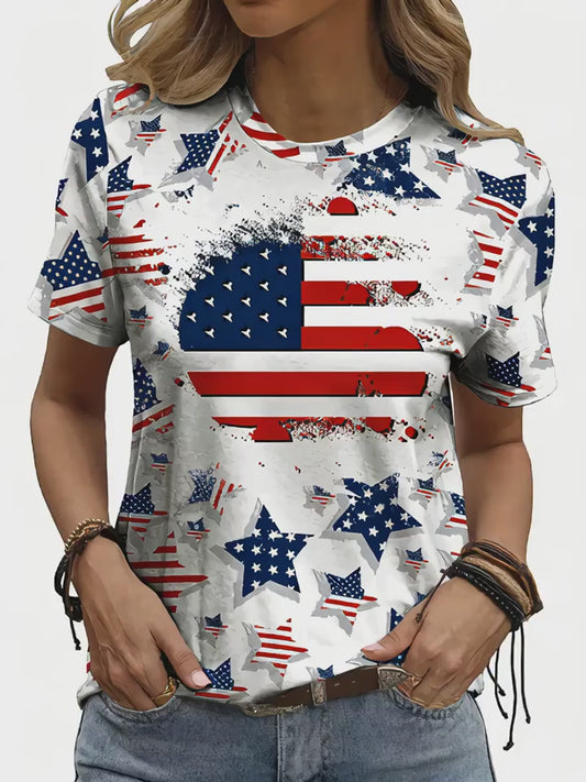 Independence Day Flag Print Round Neck T-Shirt – Women's Casual Short Sleeve Top