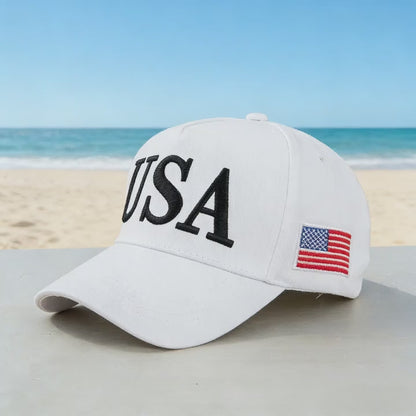 A fashionable white American hat with "45-47" details, perfect for a beach outing, ideal for a leisurely walk by the seaside or