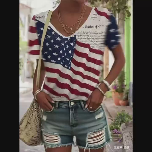 USA Flag & Declaration of Independence V-Neck T-Shirt – Women's Patriotic Short Sleeve Top