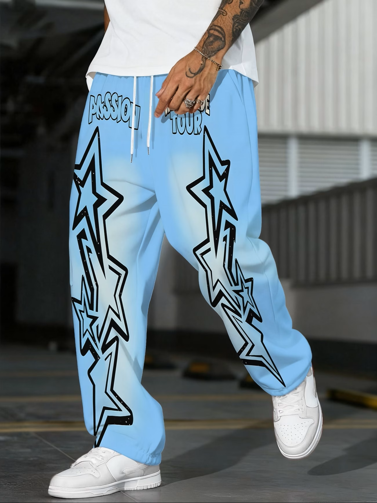 Interstellar Cruise Light Casual Pants – Starlight Blue Print, Straight Leg, Hip-Hop Style